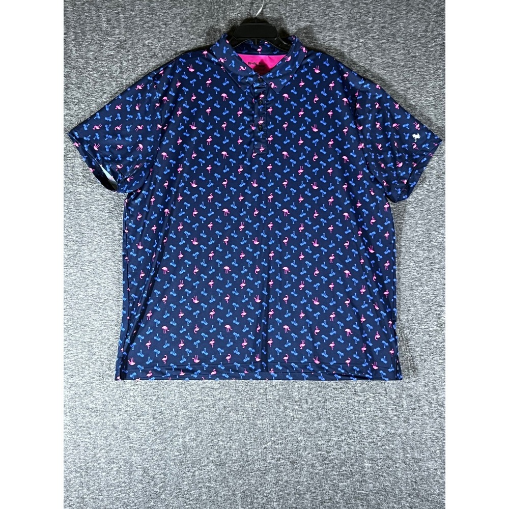 Birdie Bound Mens 3XL Navy Blue Flamingo Palm Tree Golf Polo Shirt Short Sleeve
